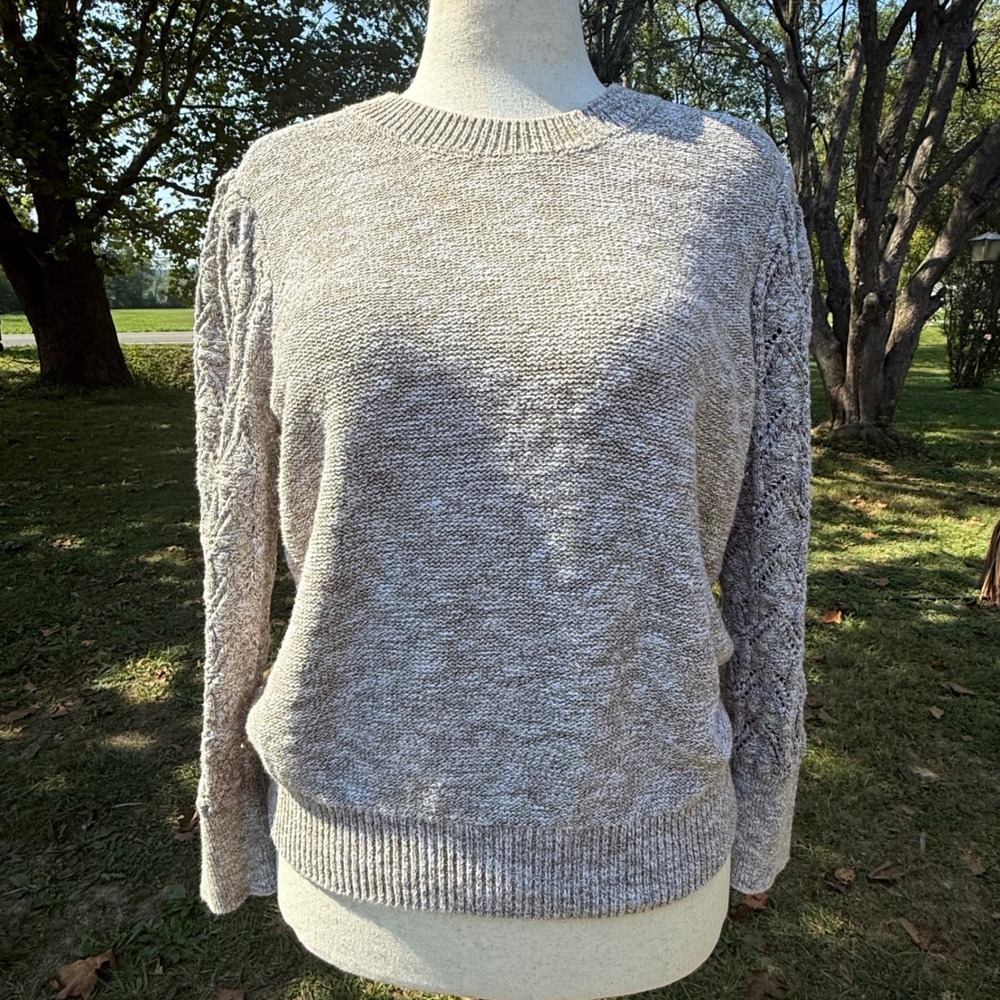 Veronica Beard XL Marled Tan Cotton Cable Knit Puff Sleeve Sweater 2205KN5759742